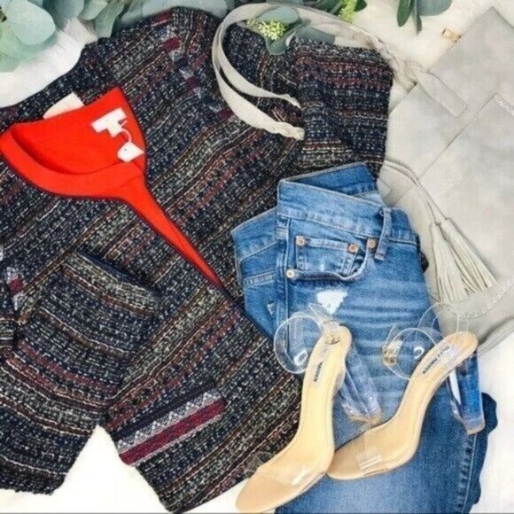 Ann Taylor Loft Boucle Tweed Multi Striped Navy Open Wool 2 Aztec Blazer NWT - Picture 2 of 7